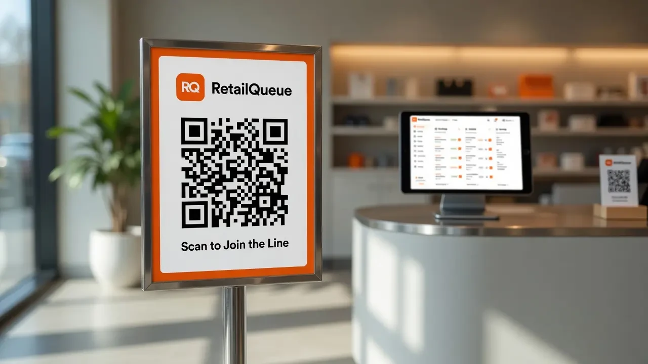 Branded QR code sign printed and mounted at a shop entrance, styled with the shop's logo and colours