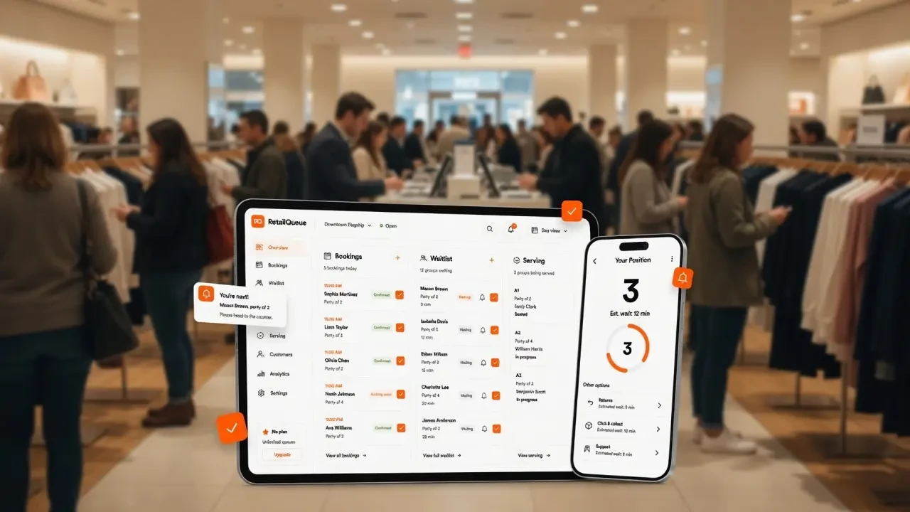 Split view of the Queue Join staff dashboard showing a live waitlist next to a customer's phone showing their booking confirmation