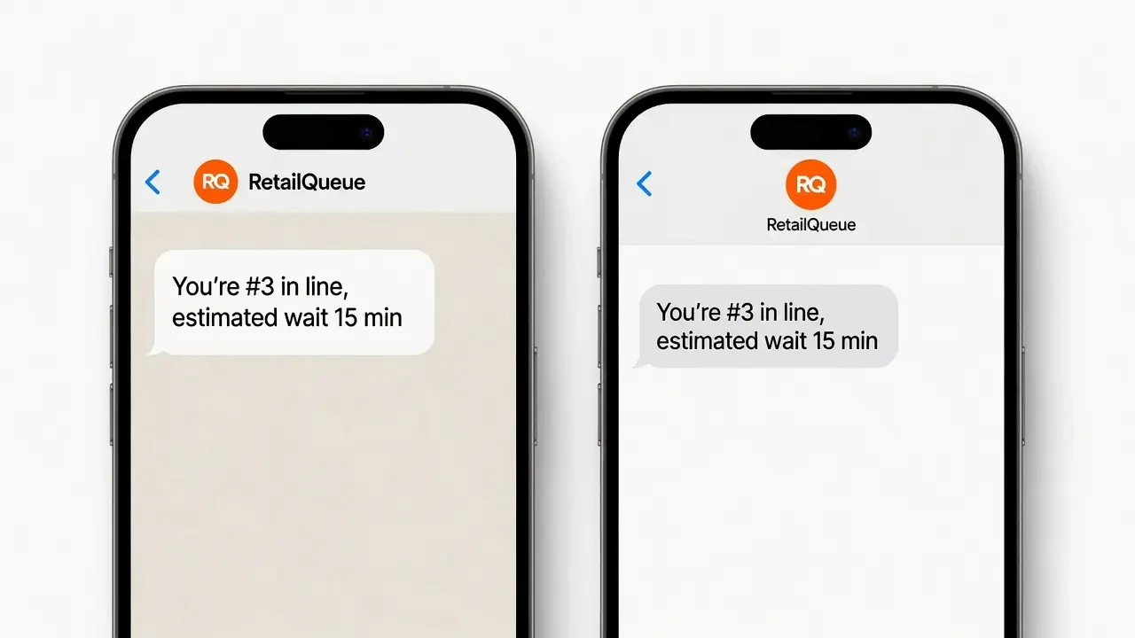 Customer's phone showing a WhatsApp message confirming their queue position, next to a phone displaying the SMS fallback alert