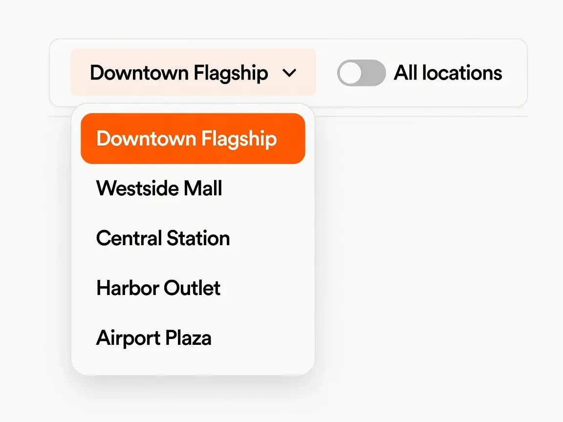 Location switcher in the dashboard showing a single branch selected alongside a whole-chain view