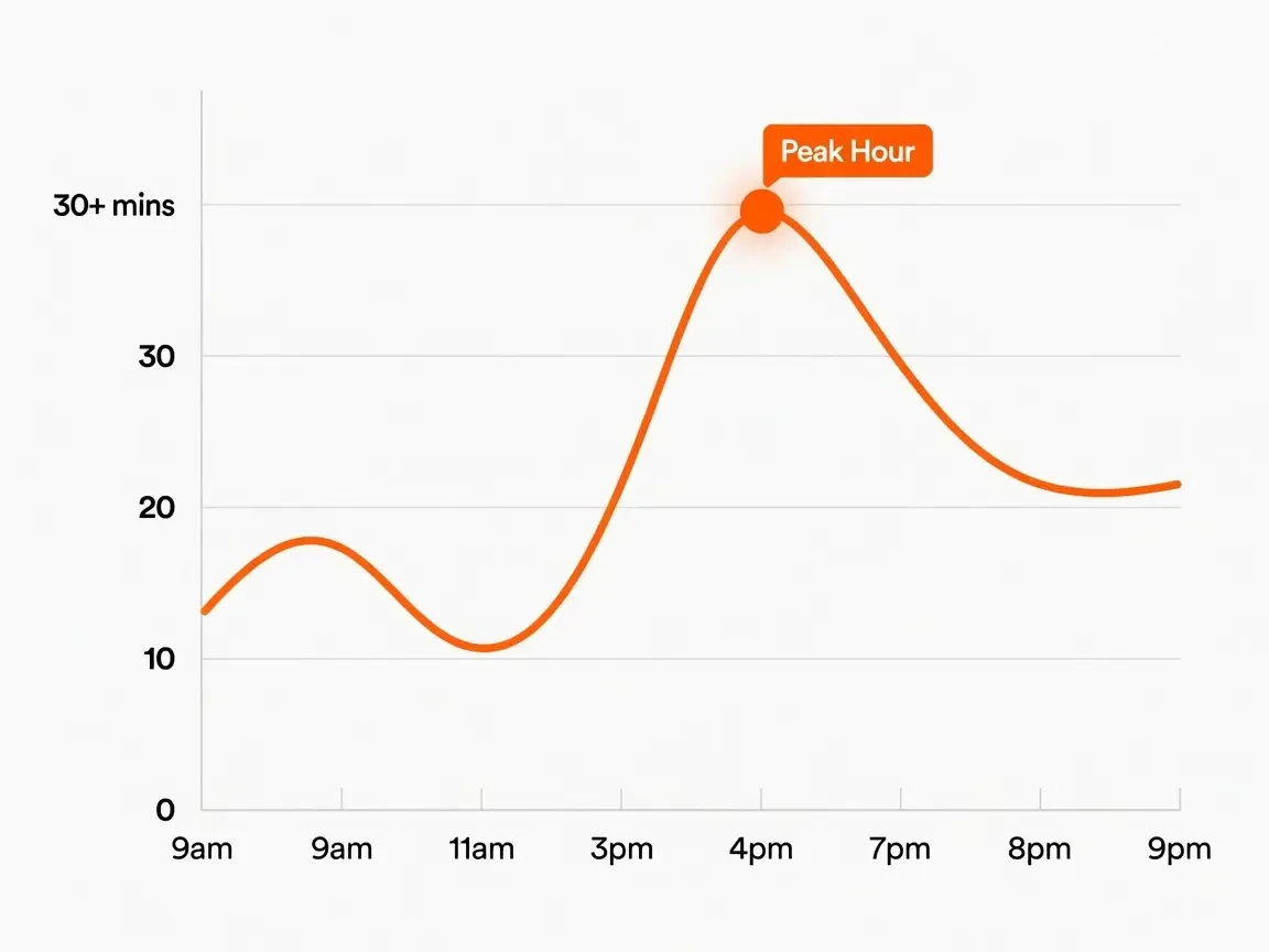 Line chart showing wait times rising and falling across a business day, with the current busiest hour highlighted