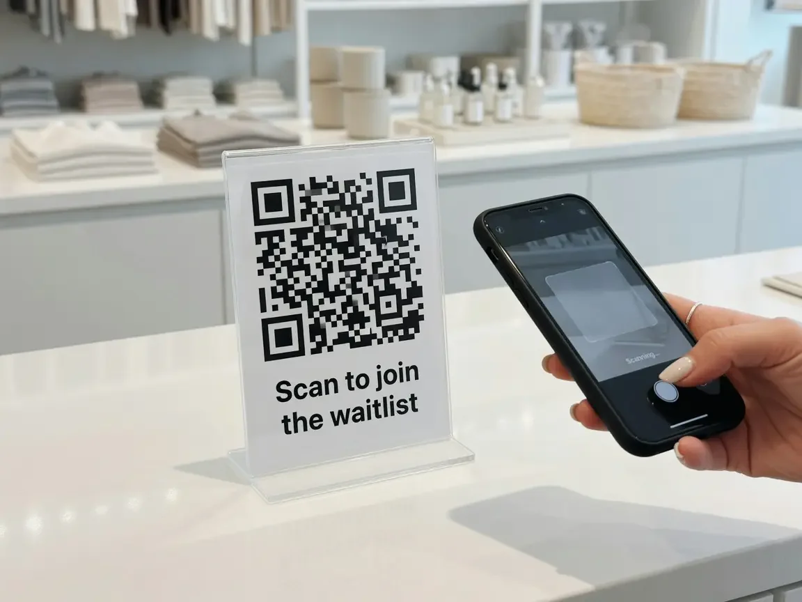 Customer scanning a counter-top QR code sign that reads “Scan to join the waitlist”